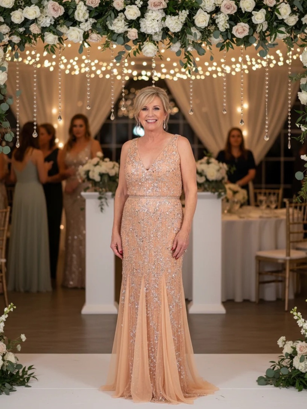 Primavera Couture Peach Sequin V-Neck Maxi Gown